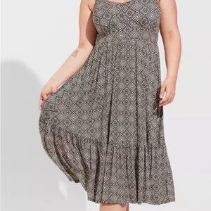 Torrid Midi Dress Super Soft Tiered Geometric Print Black Tan Size 0 Lg Size 12